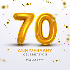 Seventieth Anniversary Celebration Number Vector. Festive Poster Decorated Realistic Yellow Inflatable Number Seventy And Text With Tinsel And Paper Confetti On Background. Illustration