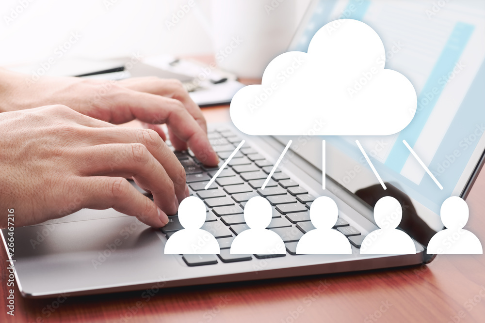 Poster Cloud computing concept. Sharing file on server.Using laptop for sending data on cloud server.