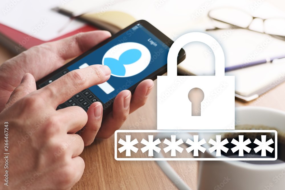 Poster password of smartphone account concept.closeup of male hands touching smartphone screen to sign in.