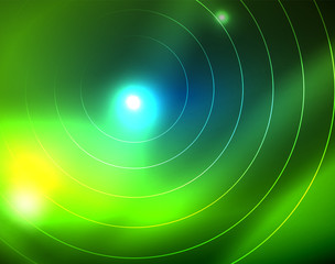 Blue neon circles, abstract circular lines. Glowing circle abstract pattern background