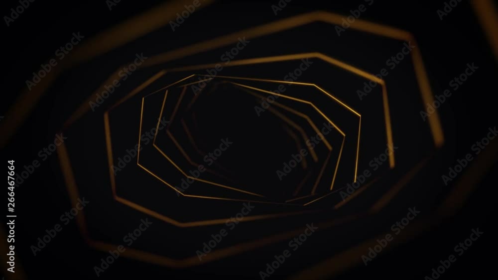 Poster abstract activity with rotating golden tunnel on black background, seamless loop. animation. abstrac