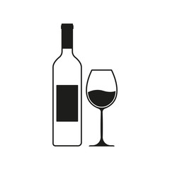 Wine bottle with wine glass icon or silhouette. Alcohol symbol. Vector illustration.