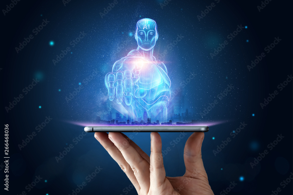 Poster blue hologram of a robot, cyborg, artificial intelligence on a blue background. concept neural netwo