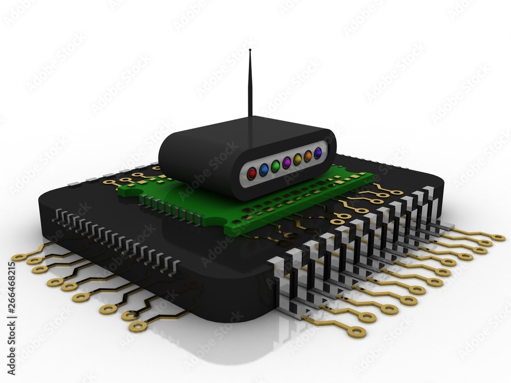 Poster 3d rendering wifi modem on microchips