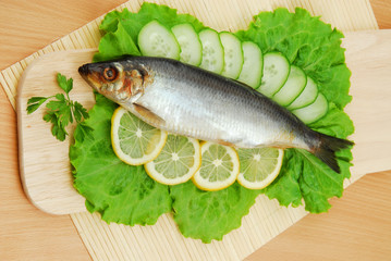 Plate with sardines tomatoes and aromatic herbs on gray isolated background