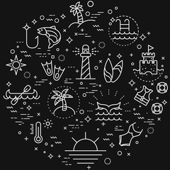 Simple Set of Summer and Beach Related Vector Line Illustration. Contains such Icons as swimsuit, fishing, sunup and more. Modern style line drawing and background color black.