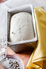 Raw yeast dough ready for baking bread with sunflower seeds