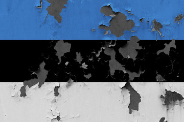 Close up grungy, damaged and weathered Estonia flag on wall peeling off paint to see inside surface.