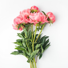 bouquet of fresh peonies on a white background in the center of the frame. flat lay, top view