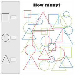 How many counting game with color simple geometric shapes for kids, educational maths task for the development of logical thinking, preschool worksheet activity, count and write the result, vector