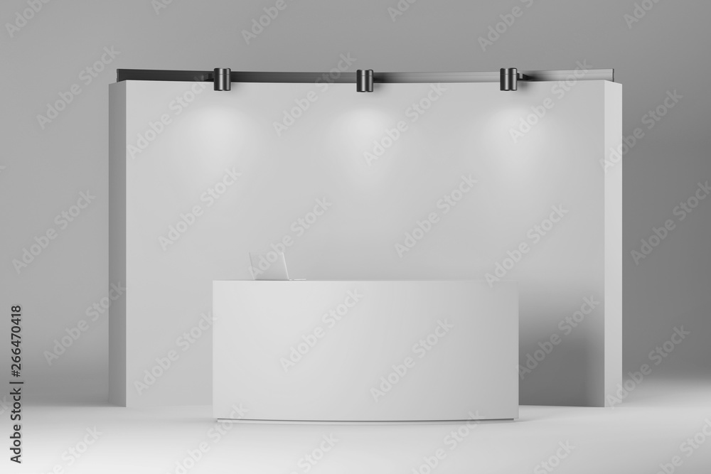 Poster white office reception desks with a laptop and a light wall behind. mock up. 3d rendering