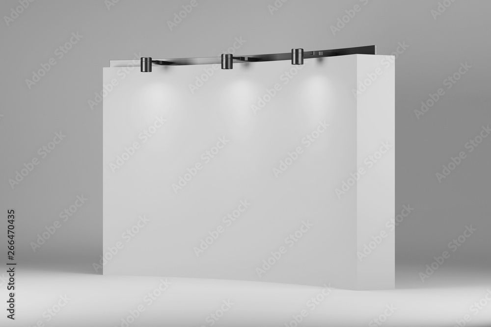 Poster side view of a white empty wall of an exhibition hall with bright lights. mock up. 3d rendering