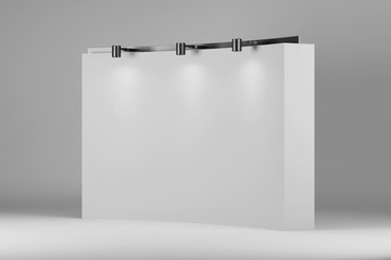 Side view of a white empty wall of an exhibition hall with bright lights. Mock up. 3d rendering