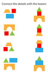Fototapeta premium Connect the details and towers, different geometric shapes for children, fun education game for kids, preschool worksheet activity, task for the development of logical thinking, vector illustration