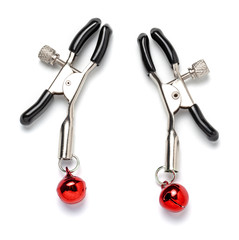Nipple clamps made of metal with red bells. BDSM Sex games. Isolated on white background