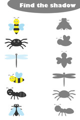 Find the shadow, game with insects for children in cartoon style, education game for kids, preschool worksheet activity, task for the development of logical thinking, vector illustration