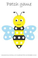 Education Patch game cute bee for children to develop motor skills, use plasticine patches, buttons, colored paper or color the page, kids preschool activity, printable worksheet, vector illustration