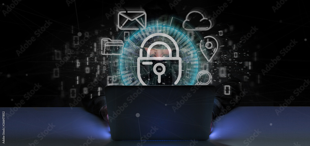 Poster man hacking a security padlock wheel icon with multimedia and social media icon 3d rendering
