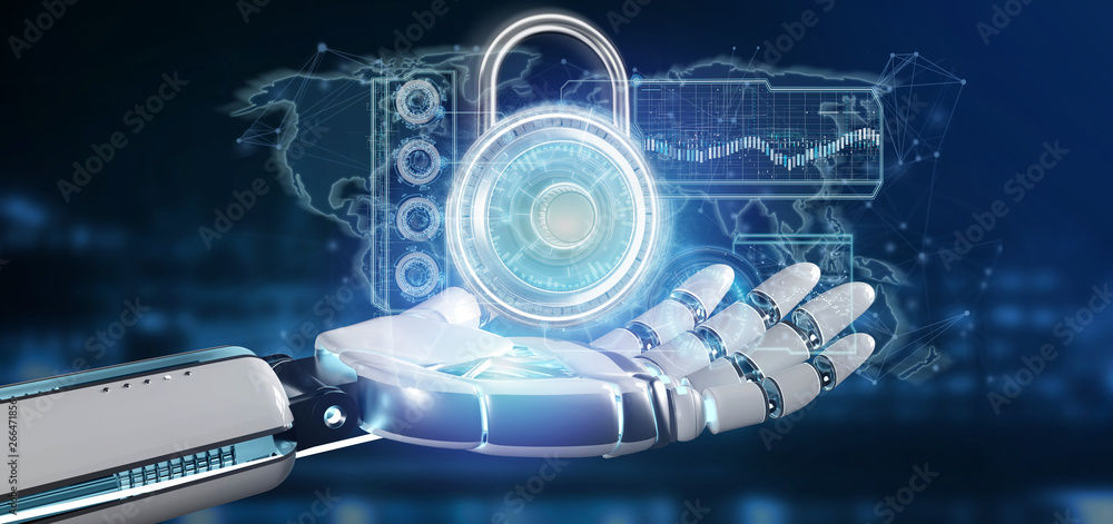Poster cyborg hand holding a padlock security technology interface 3d rendering