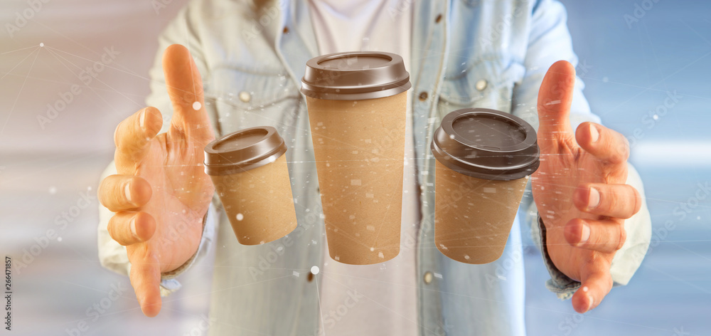 Poster group of cardbox coffee cup with connection 3d rendering