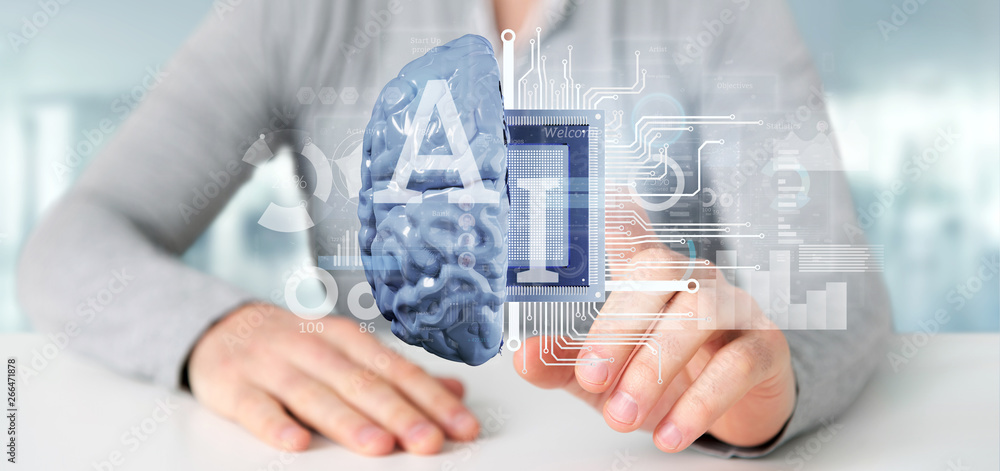 Poster business man holding artificial intelligence icon with half brain and half circuit 3d rendering