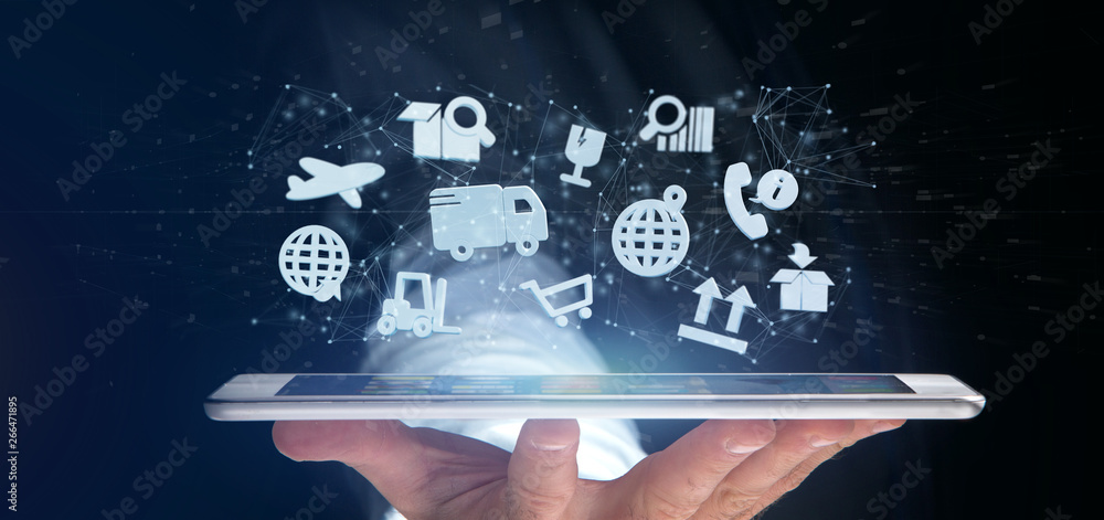 Poster businessman holding a logistic organisation with icon and connection 3d rendering