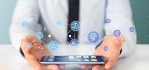 Businessman holding Cloud of justice and law icon bubble with data 3d rendering