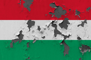 Close up grungy, damaged and weathered Hungary flag on wall peeling off paint to see inside surface.