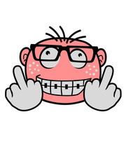 nerd fuck you off wichser fick dich hornbrille geek freak pickel zahnspange verrücktes gesicht wahnsinnig kopf lustiges comic mit grinsen lächeln mund augen clipart cartoon nase witzig lachen