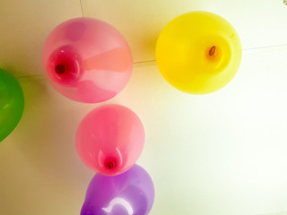 balloons of different colours swollen and glued to the ceiling of an office