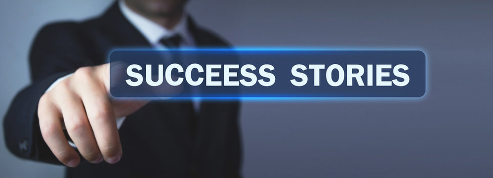 Man hand press Success Stories text in screen.