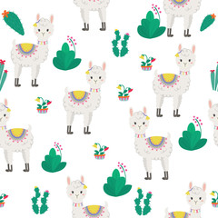 Seamless pattern with cute Alpacas and Cactus. - Vector