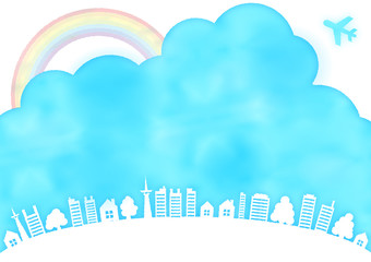 青空虹と飛行機と木と家の水彩風フレーム枠