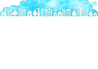 青空と飛行機と木と家の水彩風フレーム枠