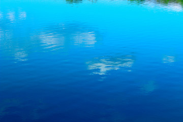 Fototapeta na wymiar Cropped Shot Of A Calm Water. Blue Sky And White Clouds Reflection On The Water. 
