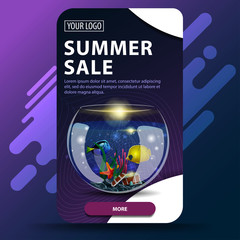 Summer sale, vertical web banner with modern design for your website with round aquarium with fish