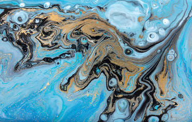 Blue marbling pattern. Golden marble liquid texture.