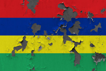 Close up grungy, damaged and weathered Mauritius flag on wall peeling off paint to see inside surface.