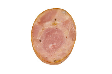 Slice of smoked sausage isolated on white background