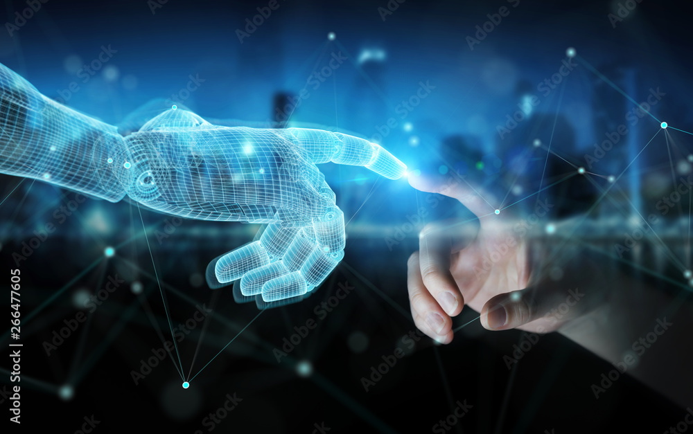 Poster wireframed robot hand connecting with human hand on dark 3d rendering