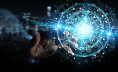 Obraz premium Businessman hand creating renewable and sustainable eco energy with electrical sphere 3D rendering