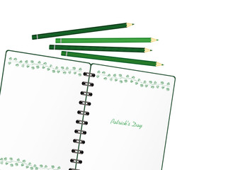 Notebook with template hand-drawn Green festive bunting with clover and pencil. Irish holiday - Happy St. Patrick's Day with a garland of three-leaf. Greeting card on holiday. Vector.