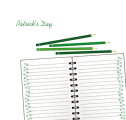 Notebook with template hand-drawn Green festive bunting with clover and pencil. Irish holiday - Happy St. Patrick's Day with a garland of three-leaf. Greeting card on holiday. Vector.