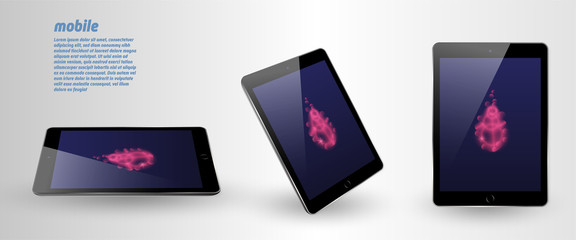 Mock up phone with blank screen. Isolated vector illustration.Black tablet at different angles