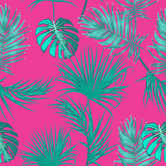 Tropical vector seamless pattern, green branches on pink background.