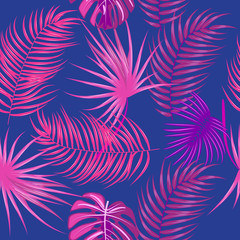 Tropical vector seamless pattern, pink branches on blue background.