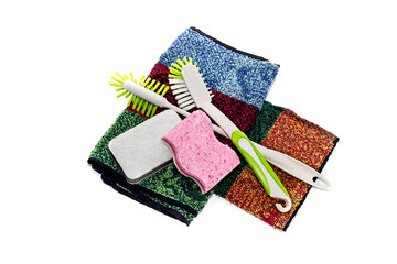 Detergent and washcloths on a white background