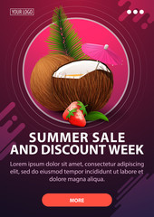 Summer sale and discount week, vertical discount banner with modern design in dark shades for your website with strawberry cocktail in coconut