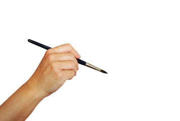 hand holding a brush on white background