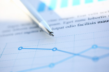 Financial statistics documents ball pen infographics at office table closeup. Internal Revenue Service inspector sum check investigation exchange market earnings savings loan and credit concept